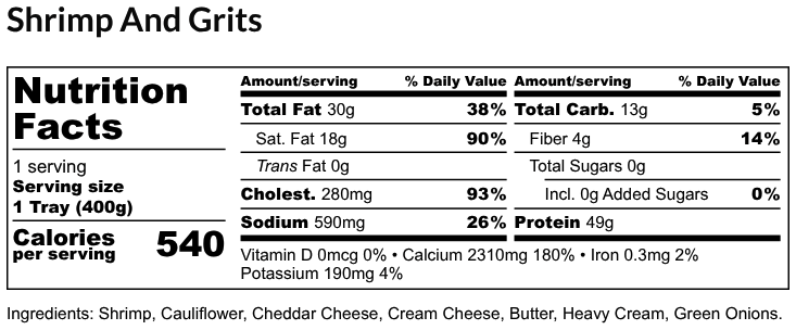 Nutritional Facts - Shrimp and Grits 6oz